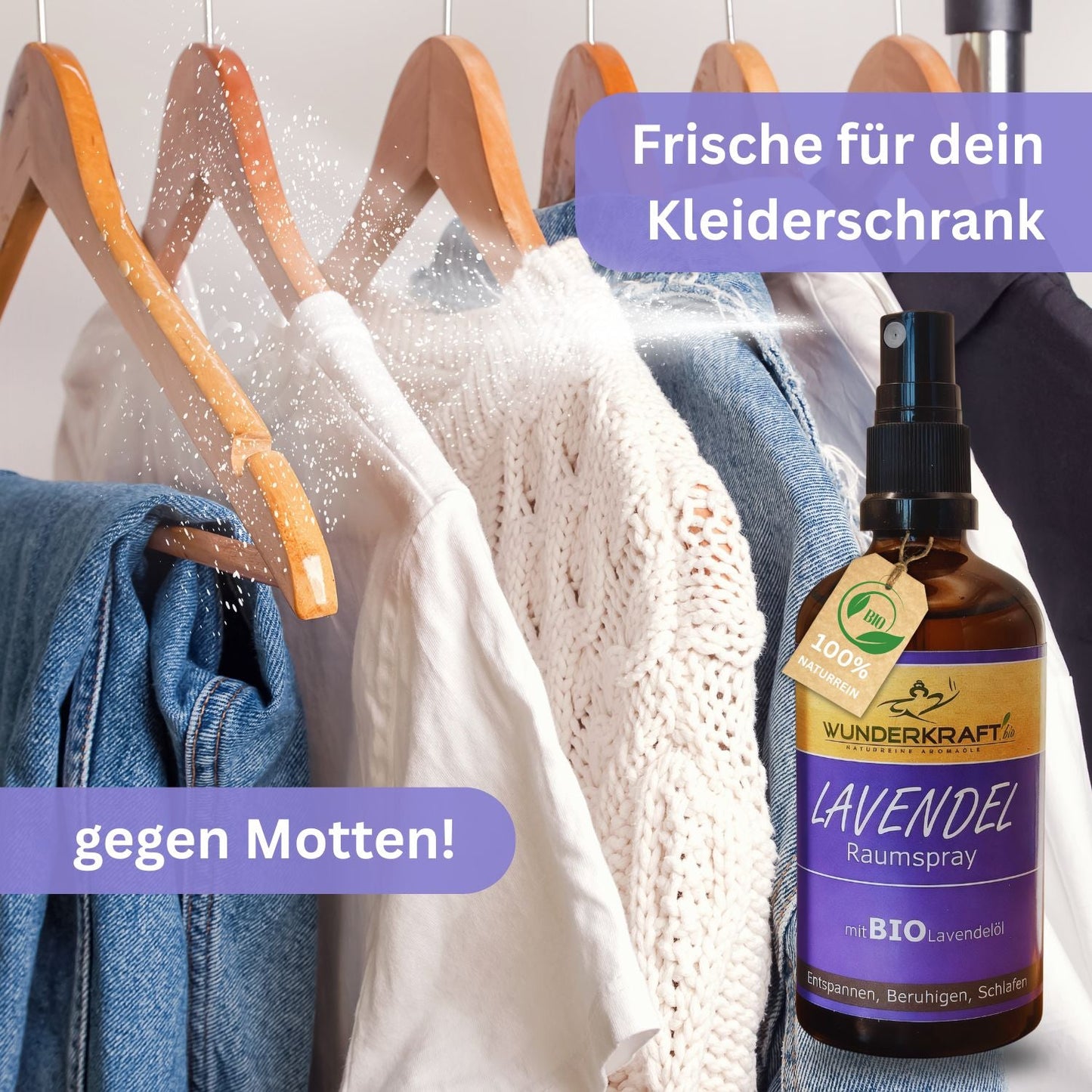Bio Lavendelspray, 100ml Raumspray und Kissenspray für süße Träume - Wunderkraft.bio von Wunderlampe.bio