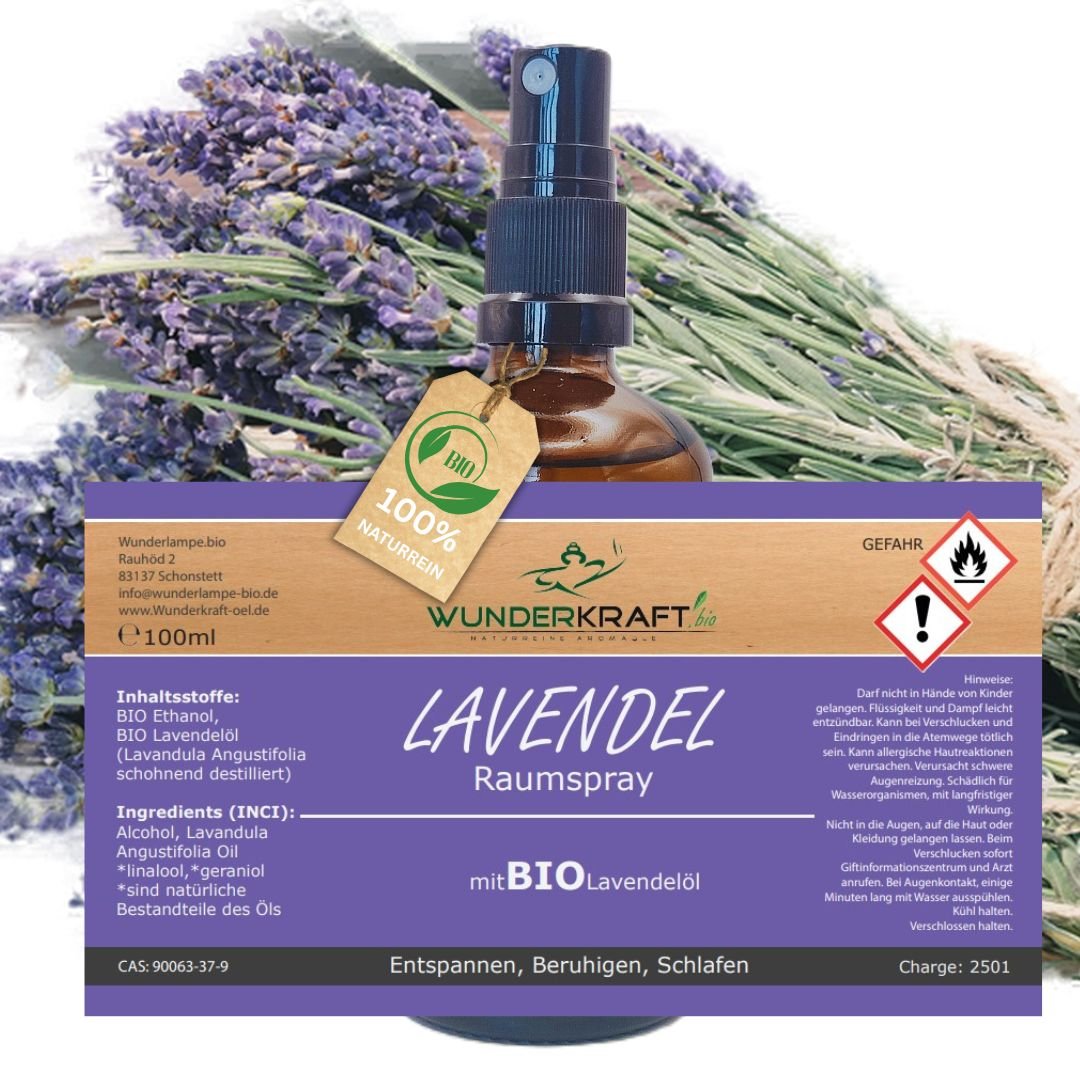 Bio Lavendelspray, 100ml Raumspray und Kissenspray für süße Träume - Wunderkraft.bio von Wunderlampe.bio