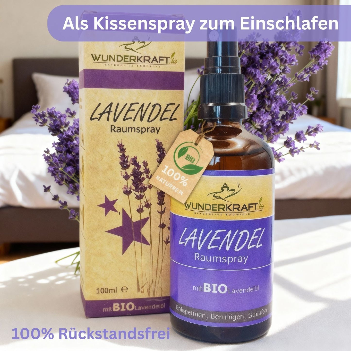 Bio Lavendelspray, 100ml Raumspray und Kissenspray für süße Träume - Wunderkraft.bio von Wunderlampe.bio