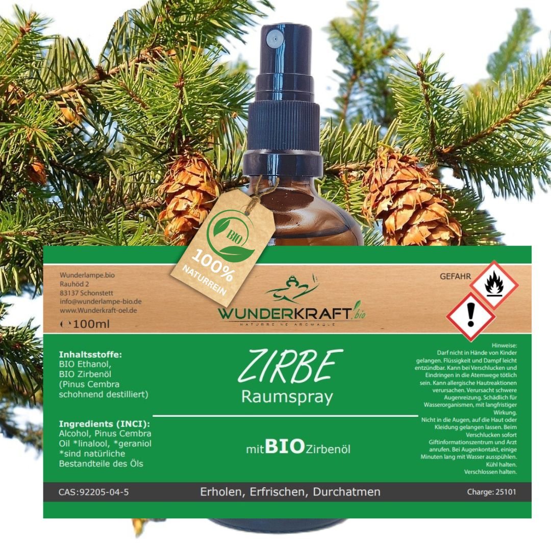 Bio Zirbenspray, 100ml Raumspray und Kissenspray für natürlichen frische Duft - Wunderkraft.bio von Wunderlampe.bio