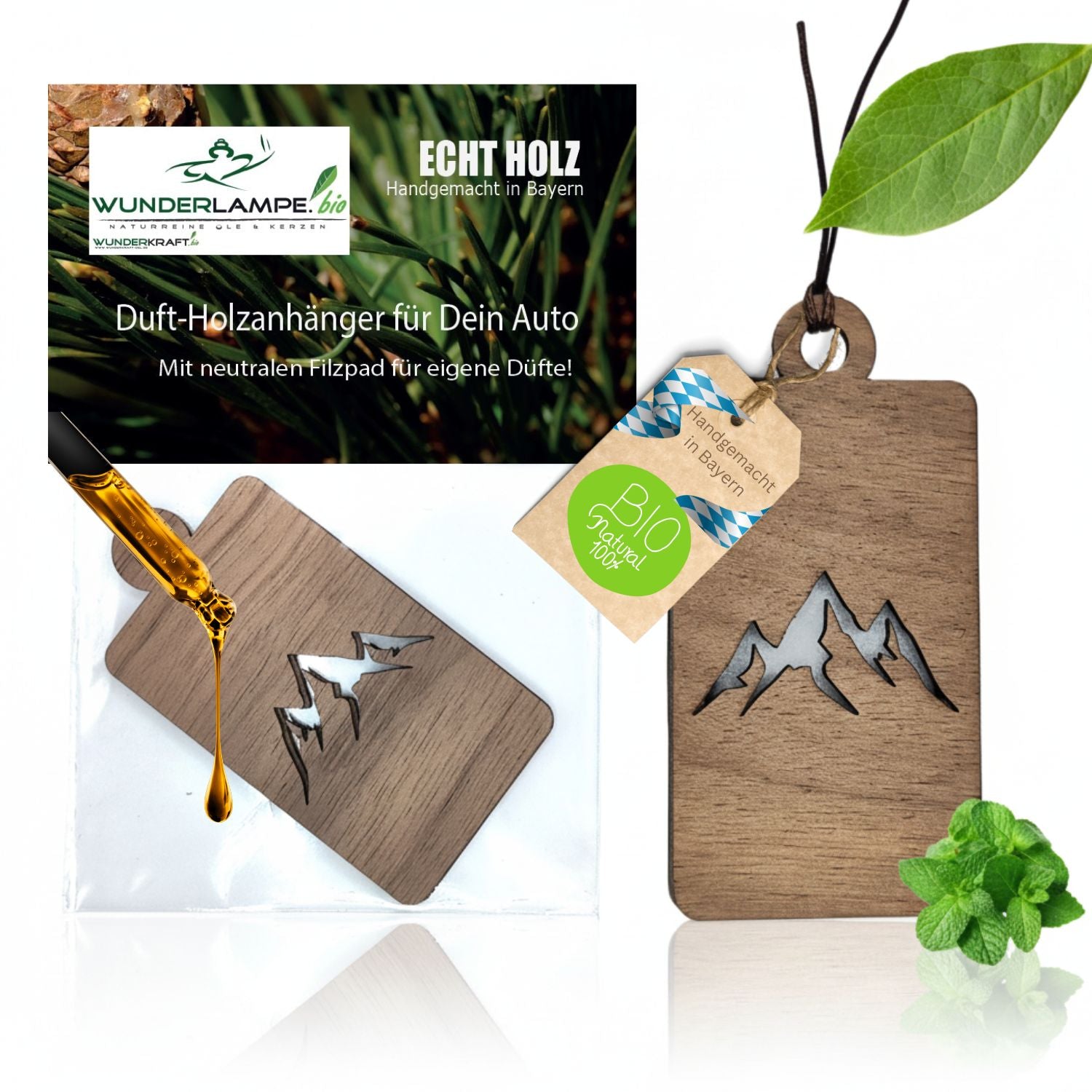 Holz Anhänger Lufterfrischer "BERGE", Duftbaum aus Nussbaumholz mit Filzpad für Duftöle - Wunderkraft.bio von Wunderlampe.bio