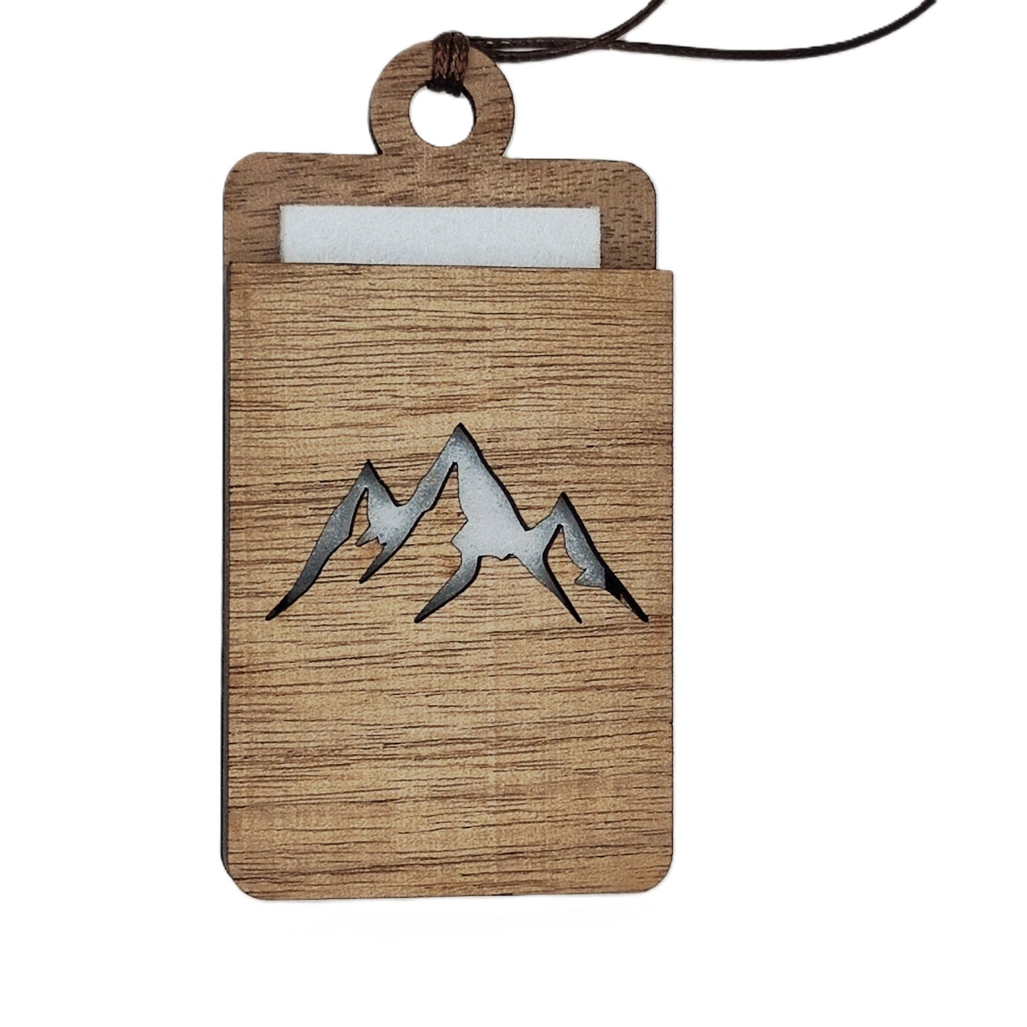 Holz Lufterfrischer "BERGE", Duftbaum aus Nussbaumholz mit Filzpad fürs Auto - Wunderkraft.bio