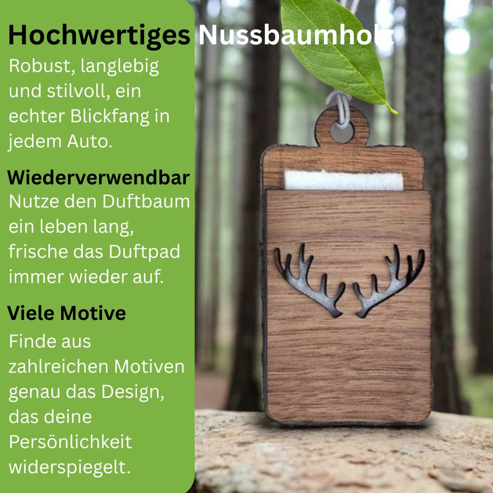 Holz Lufterfrischer "GEWEIH", Duftbaum aus Nussbaumholz mit Filzpad fürs Auto - Wunderkraft.bio von Wunderlampe.bio