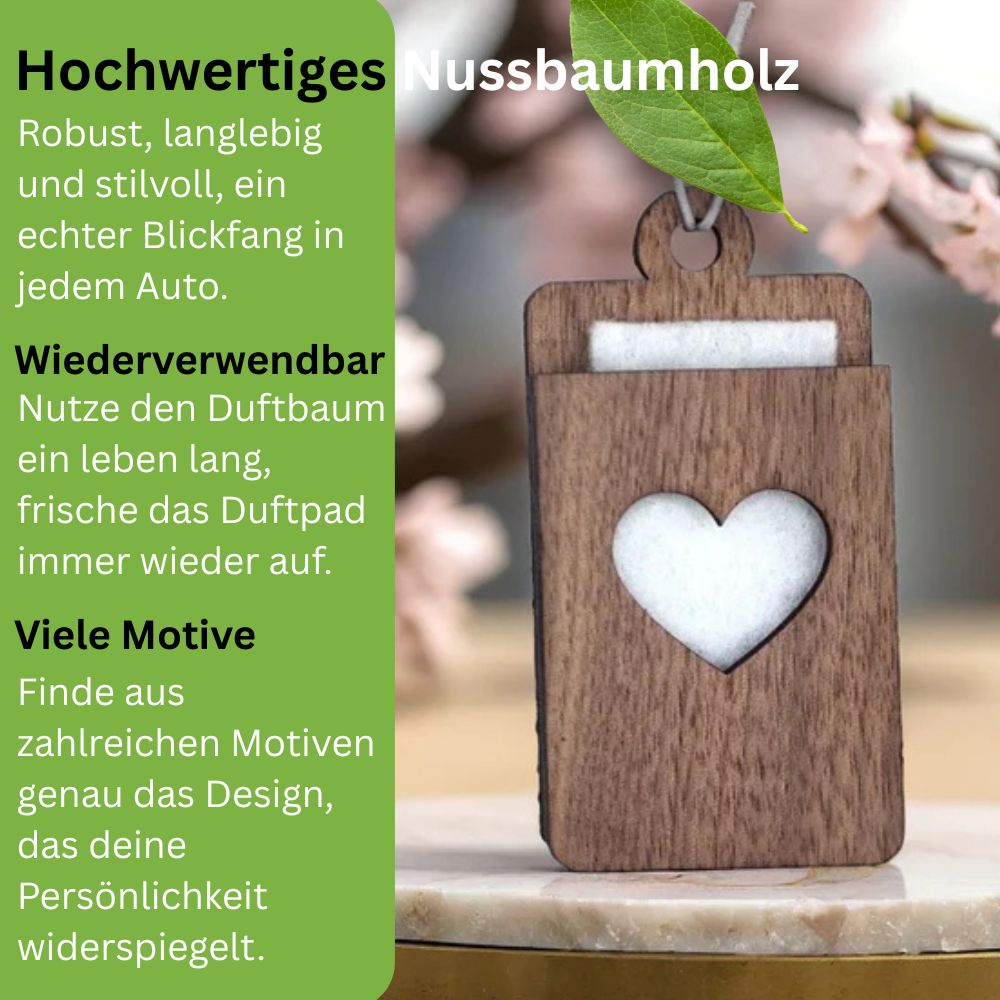 Holz Lufterfrischer "HERZ", Duftbaum aus Nussbaumholz mit Filzpad fürs Auto - Wunderkraft.bio von Wunderlampe.bio
