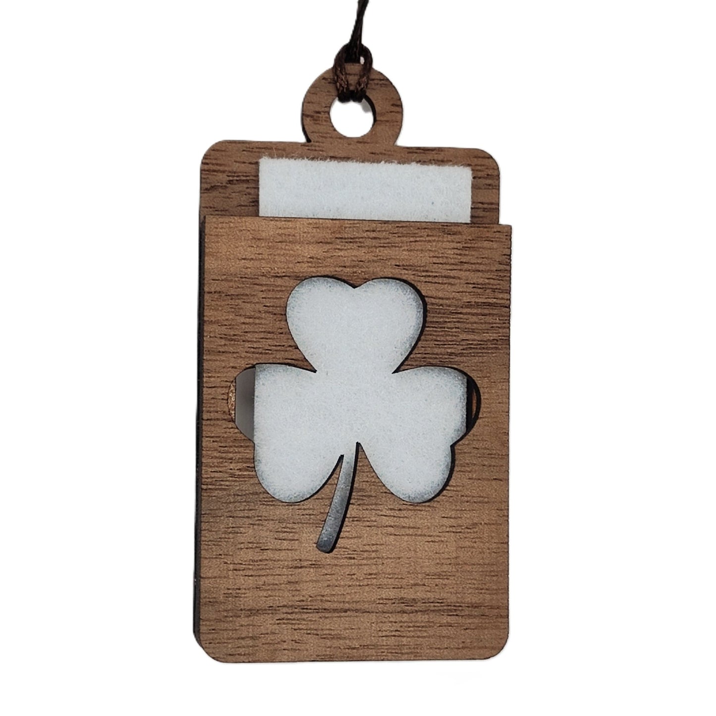 Holz Lufterfrischer "KLEEBLATT", Duftbaum aus Nussbaumholz mit Filzpad fürs Auto - Wunderkraft.bio