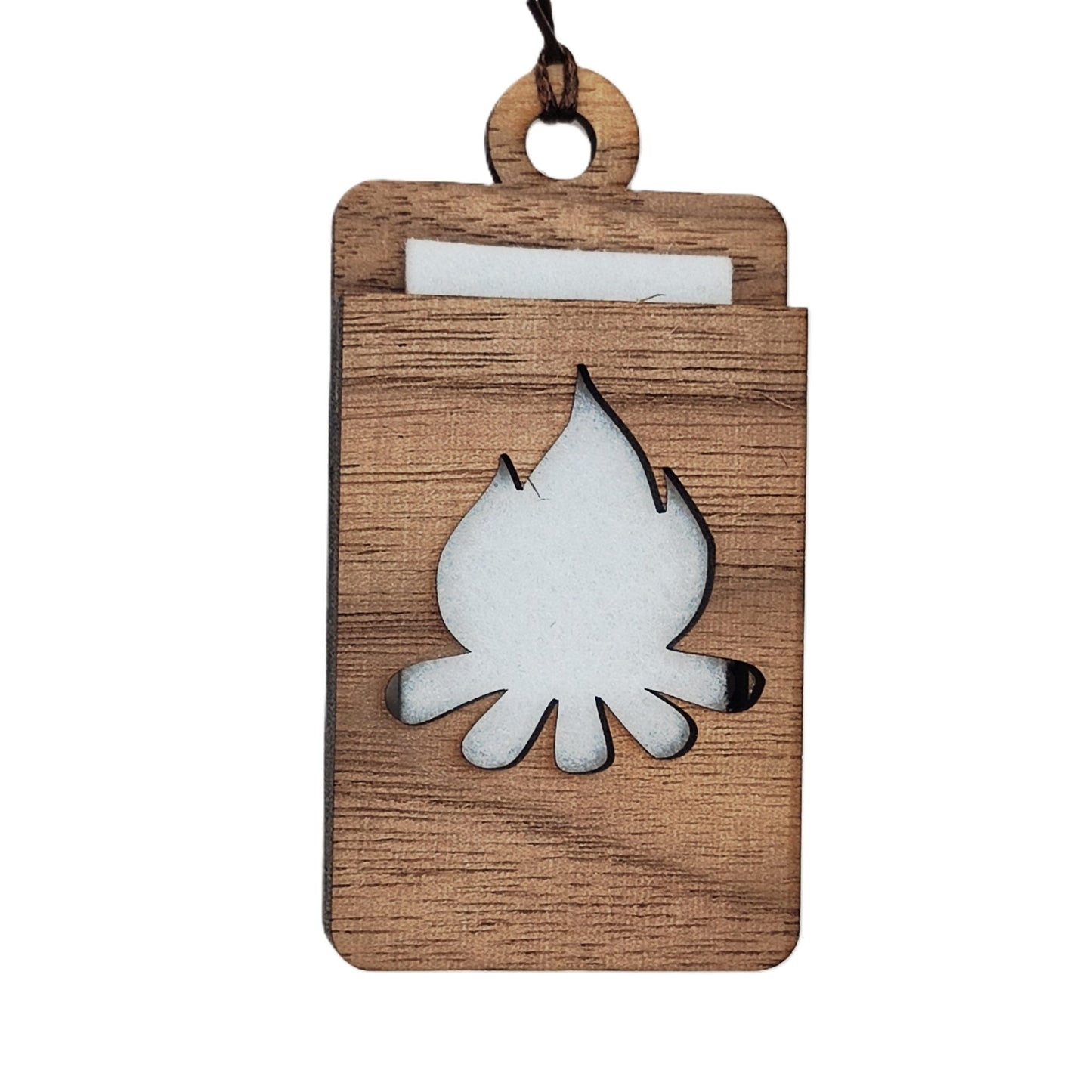 Holz Lufterfrischer "LAGERFEUER", Duftbaum aus Nussbaumholz mit Filzpad fürs Auto - Wunderkraft.bio