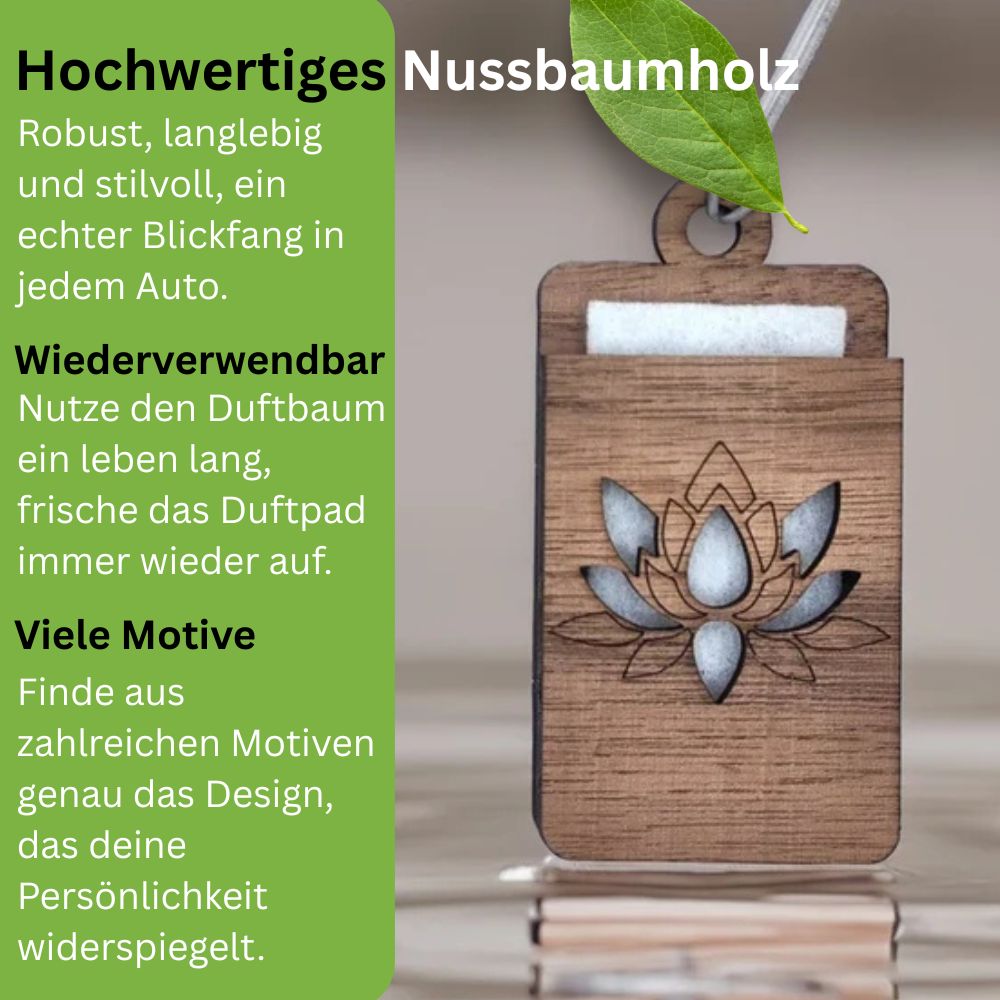 Holz Lufterfrischer "PFINGSTROSE", Duftbaum aus Nussbaumholz mit Filzpad fürs Auto - Wunderkraft.bio von Wunderlampe.bio
