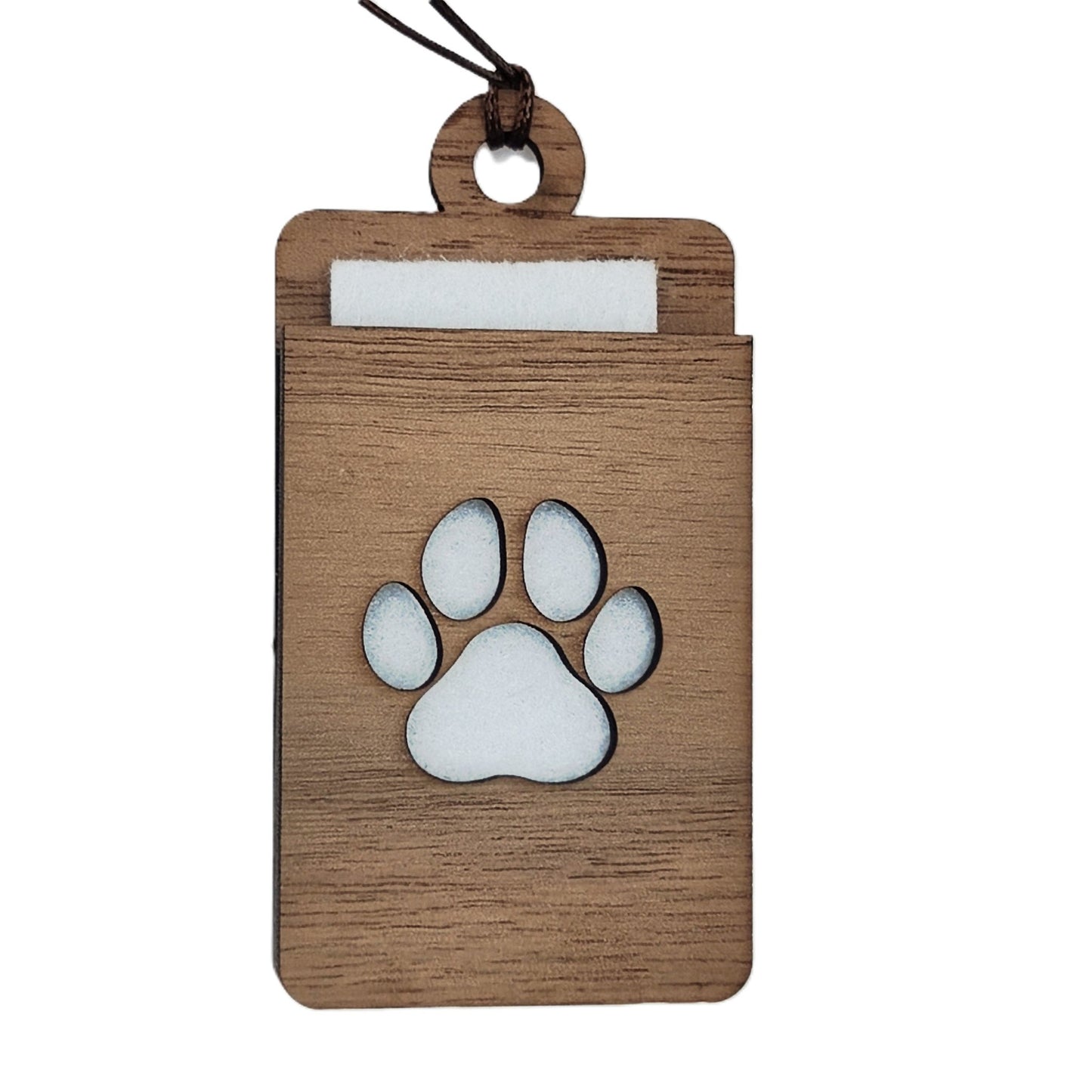 Holz Lufterfrischer "PFOTE", Duftbaum aus Nussbaumholz mit Filzpad fürs Auto - Wunderkraft.bio