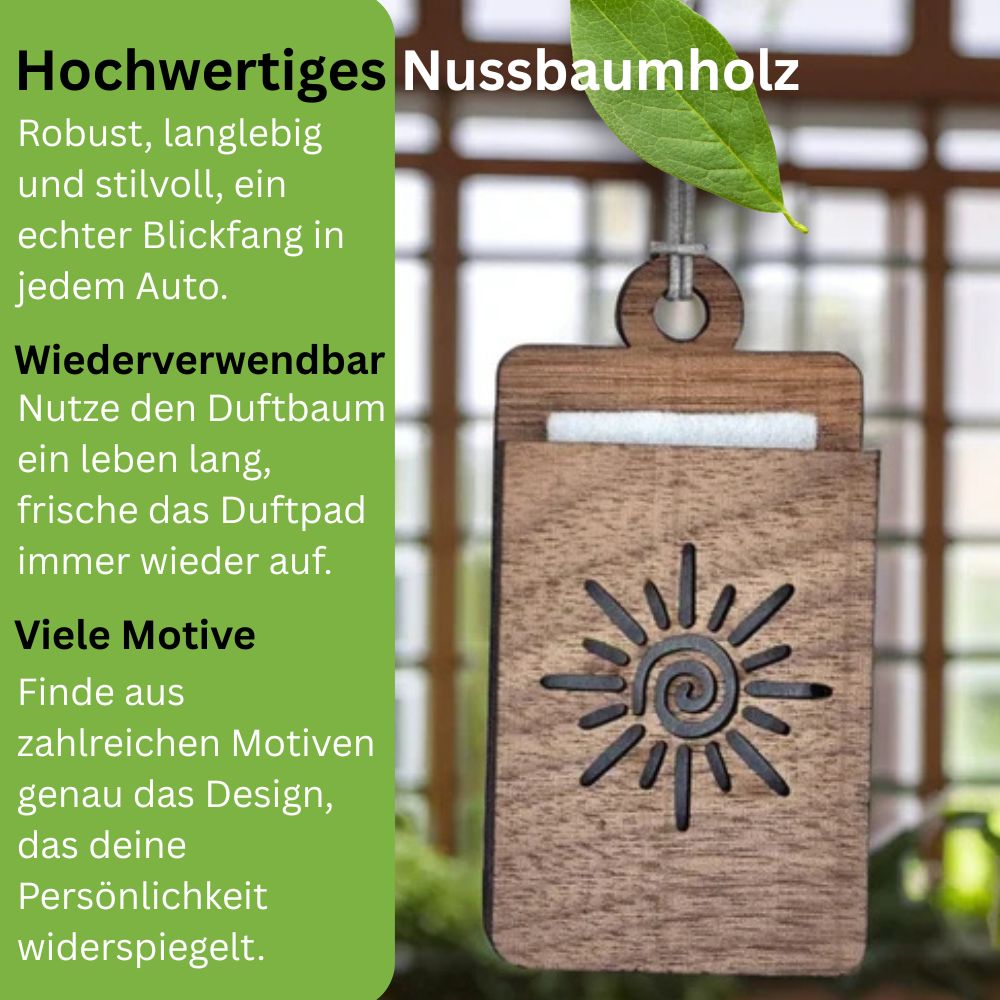Holz Lufterfrischer "SONNE", Duftbaum aus Nussbaumholz mit Filzpad fürs Auto - Wunderkraft.bio von Wunderlampe.bio