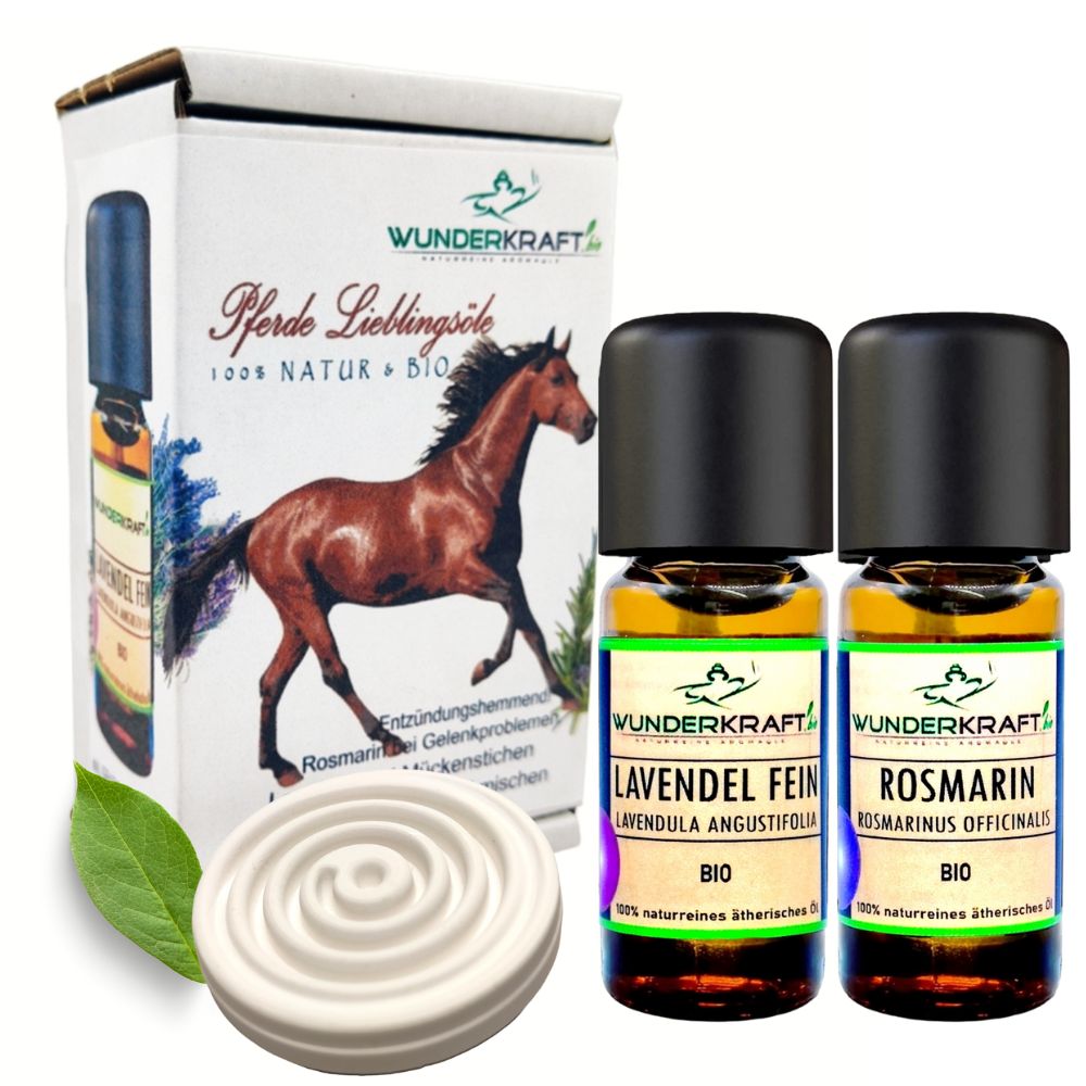 Pferde Aromatherapie Set, ätherisches bio Lavendelöl + bio Rosmarinöl + Duftstein - Wunderkraft.bio von Wunderlampe.bio