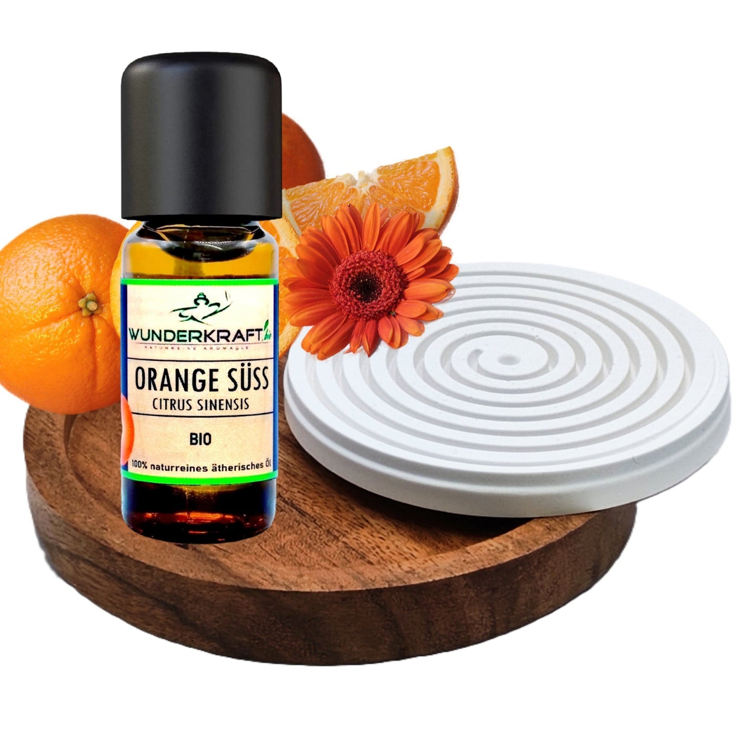 Riesen Duftstein & Holzteller inkl. BIO Orangenöl, 100% ätherisches Öl, 10ml - Wunderkraft.bio