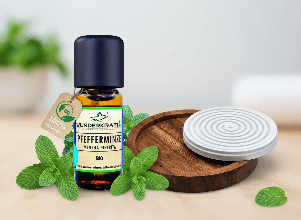 Riesen Duftstein & Holzteller inkl. BIO Pfefferminzöl, 100% ätherisches Öl, 10ml - Wunderkraft.bio von Wunderlampe.bio