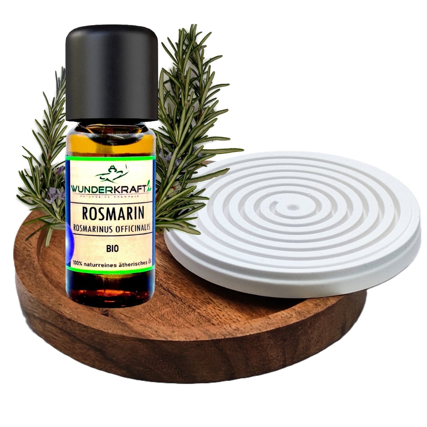 Riesen Duftstein & Holzteller inkl. BIO Rosmarinöl, 100% ätherisches Öl, 10ml - Wunderkraft.bio