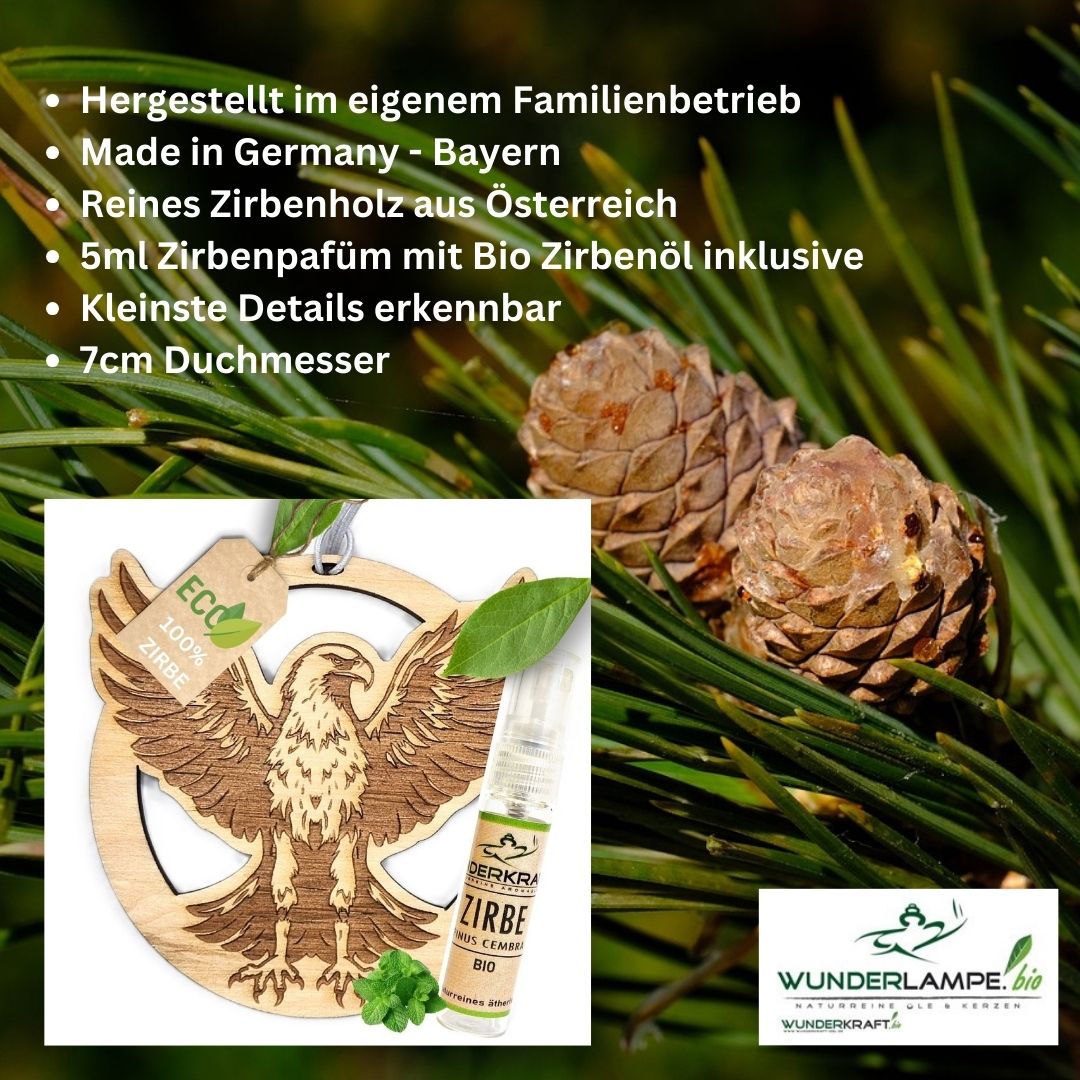 Zirben Duftbaum "ADLER", Lufterfrischer inkl. 5ml Bio Zirbenölspray - Wunderkraft.bio von Wunderlampe.bio