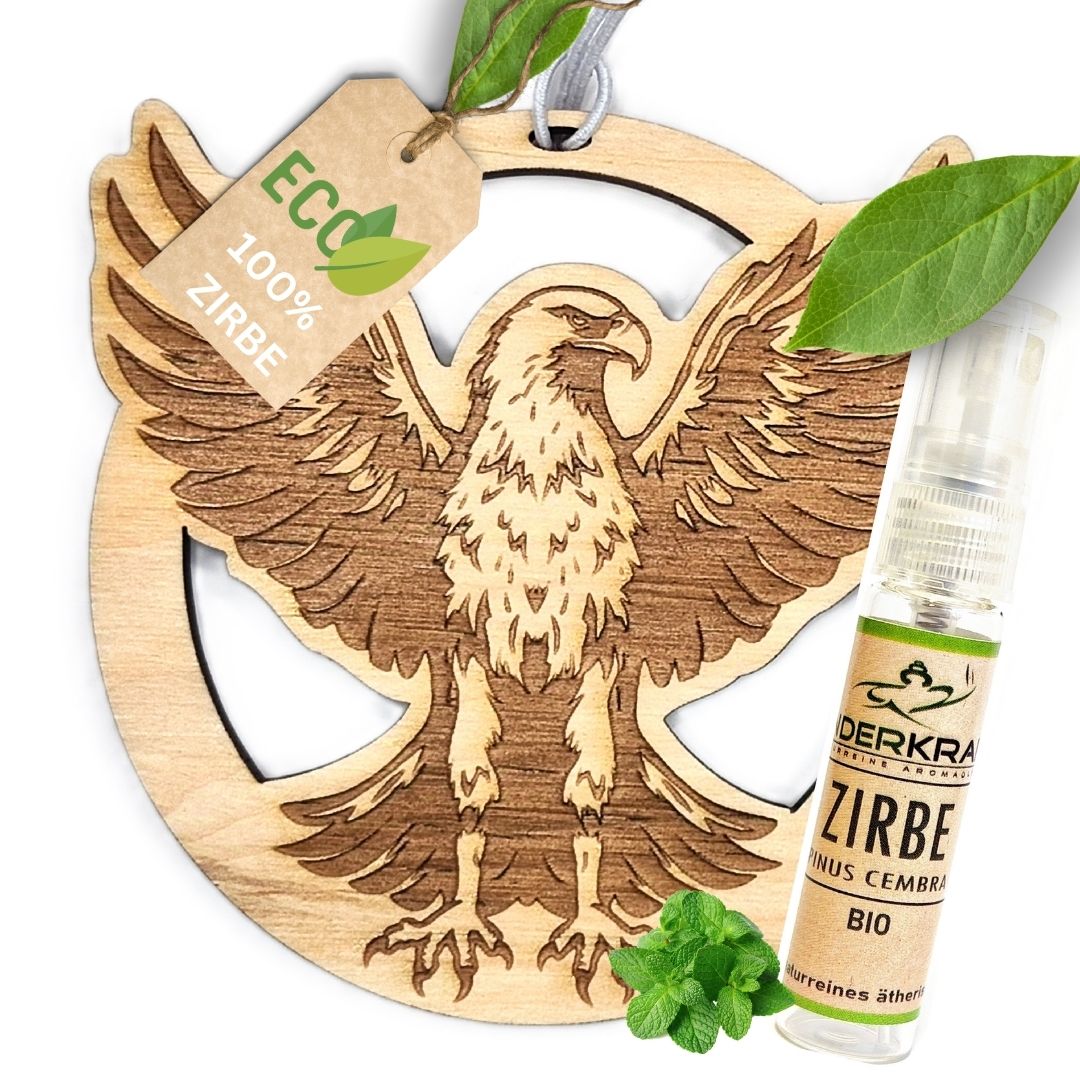Zirben Duftbaum "ADLER", Lufterfrischer inkl. 5ml Bio Zirbenölspray - Wunderkraft.bio von Wunderlampe.bio