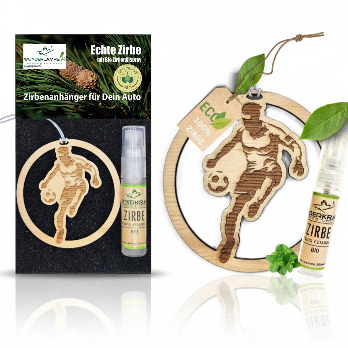 Zirben Duftbaum Anhänger "Fussballer", Lufterfrischer inkl. 5ml Bio Zirbenspray - Wunderkraft.bio von Wunderlampe.bio