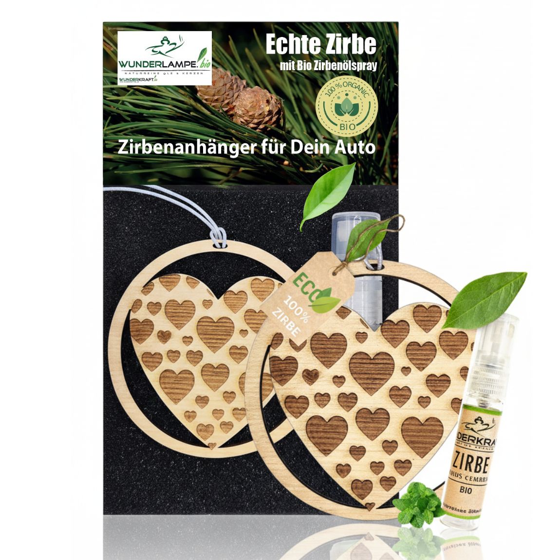 Zirben Duftbaum Anhänger "HERZ", Lufterfrischer inkl. 5ml Bio Zirbenspray - Wunderkraft.bio von Wunderlampe.bio