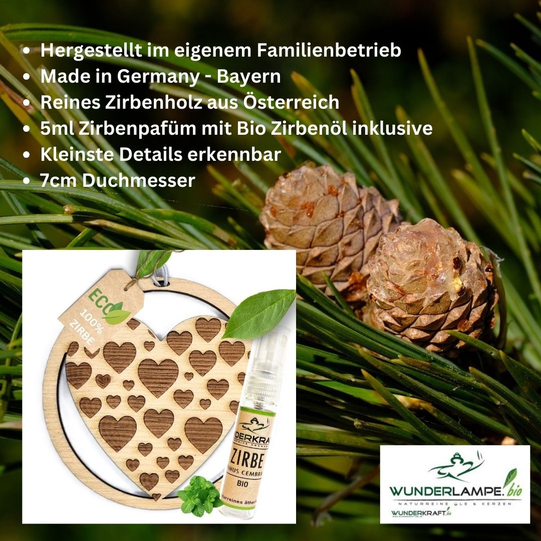 Zirben Duftbaum "HERZ", Lufterfrischer inkl. 5ml Bio Zirbenölspray - Wunderkraft.bio von Wunderlampe.bio