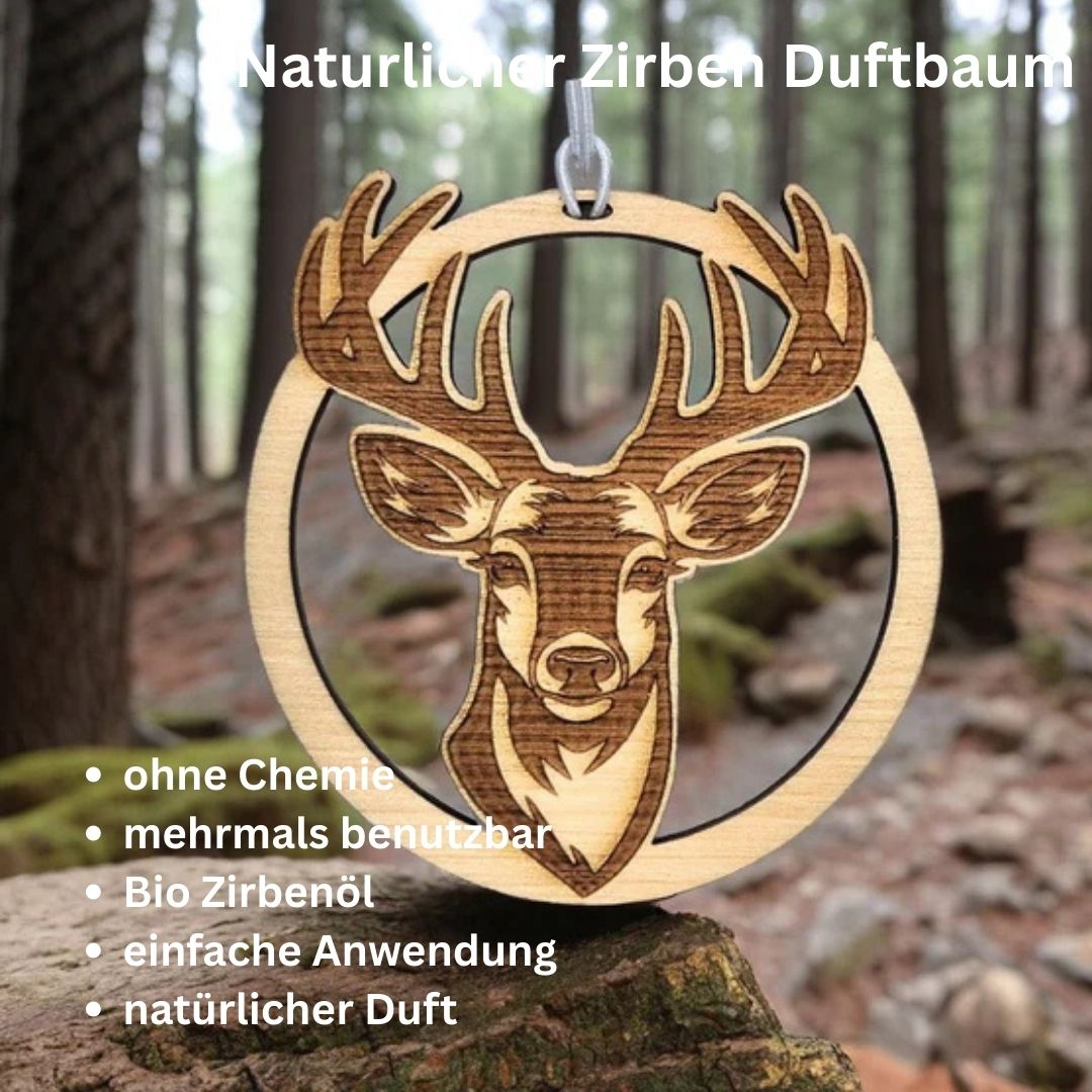 Zirben Duftbaum "HIRSCH", Lufterfrischer inkl. 5ml Bio Zirbenölspray - Wunderkraft.bio von Wunderlampe.bio