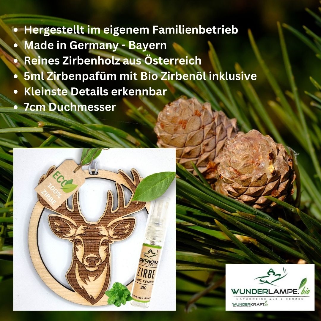 Zirben Duftbaum "HIRSCH", Lufterfrischer inkl. 5ml Bio Zirbenölspray - Wunderkraft.bio von Wunderlampe.bio