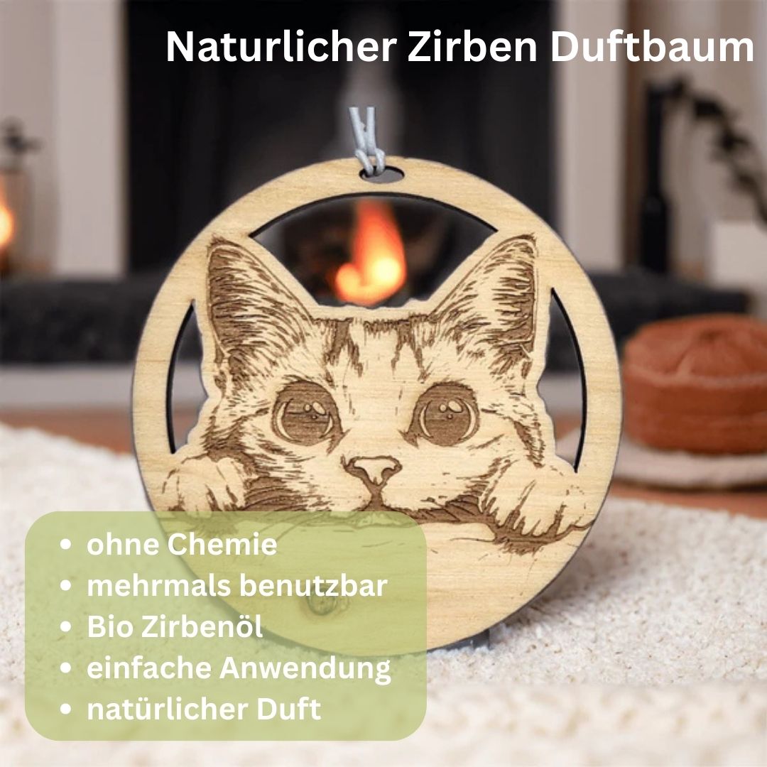 Zirben Duftbaum "KATZE", Lufterfrischer inkl. 5ml Bio Zirbenölspray - Wunderkraft.bio von Wunderlampe.bio