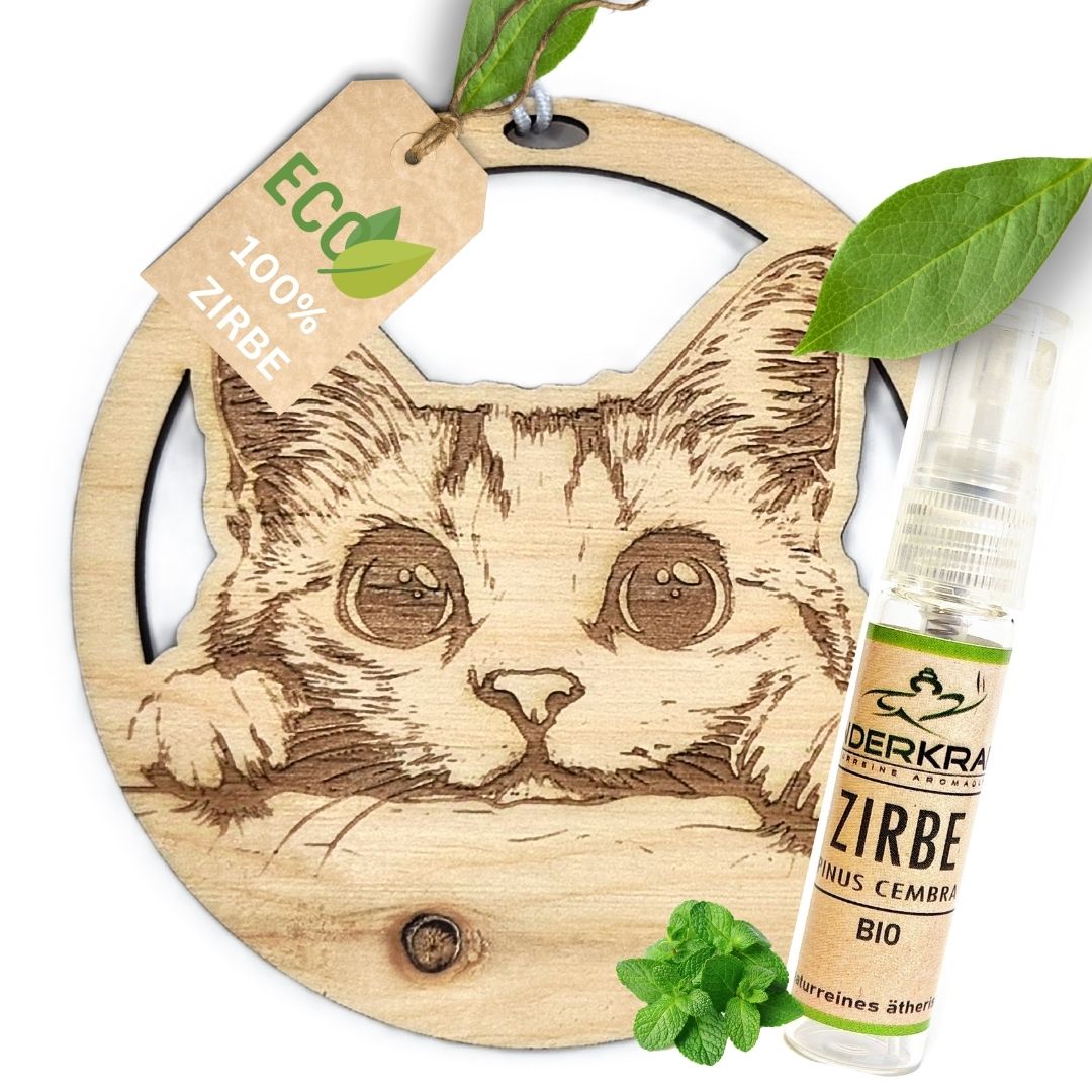 Zirben Duftbaum "KATZE", Lufterfrischer inkl. 5ml Bio Zirbenölspray - Wunderkraft.bio von Wunderlampe.bio