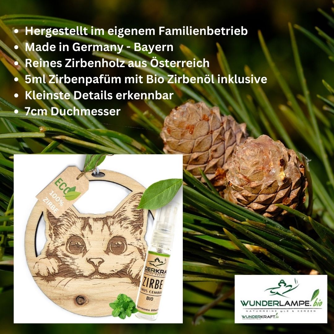 Zirben Duftbaum "KATZE", Lufterfrischer inkl. 5ml Bio Zirbenölspray - Wunderkraft.bio von Wunderlampe.bio