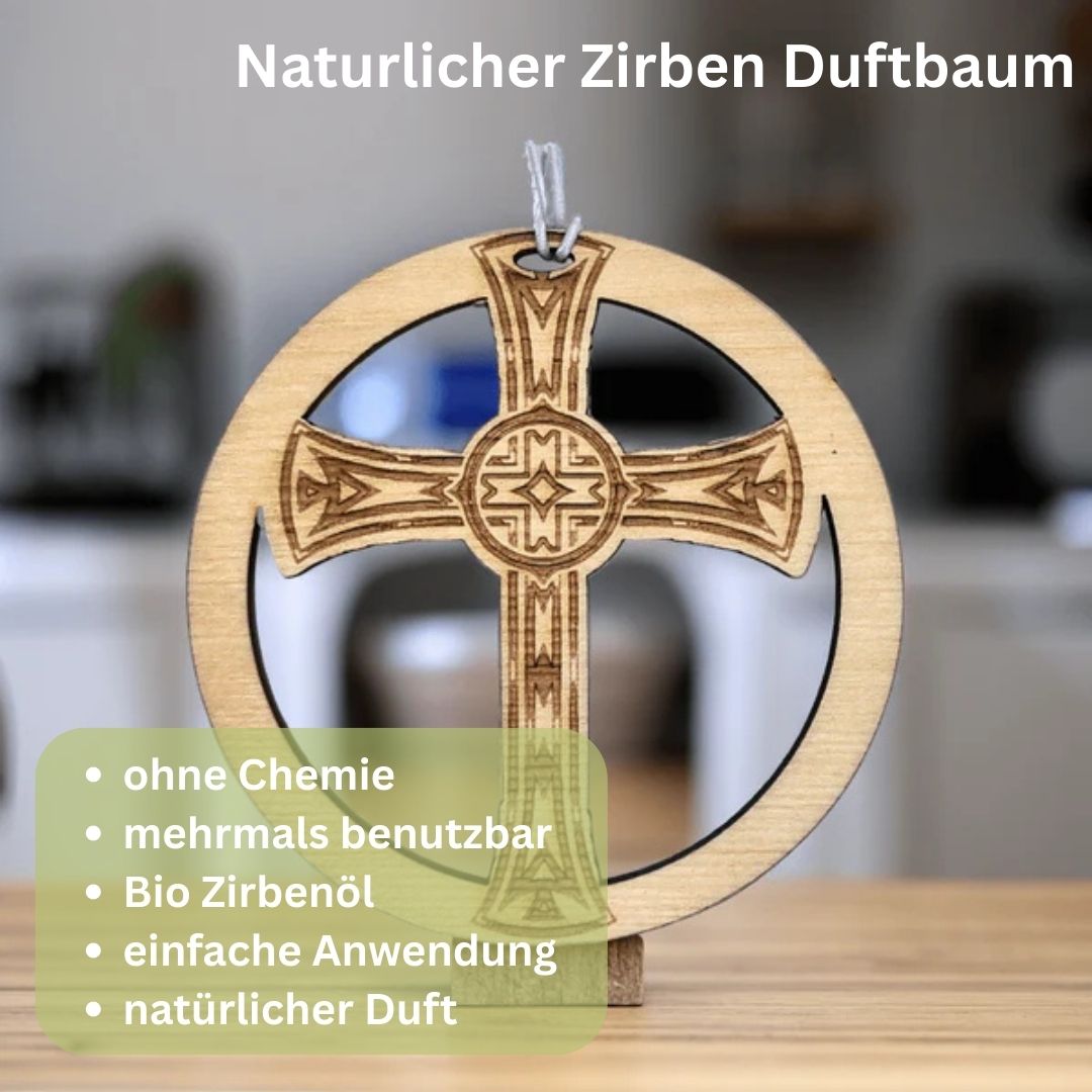 Zirben Duftbaum "KREUZ", Lufterfrischer inkl. 5ml Bio Zirbenölspray - Wunderkraft.bio von Wunderlampe.bio