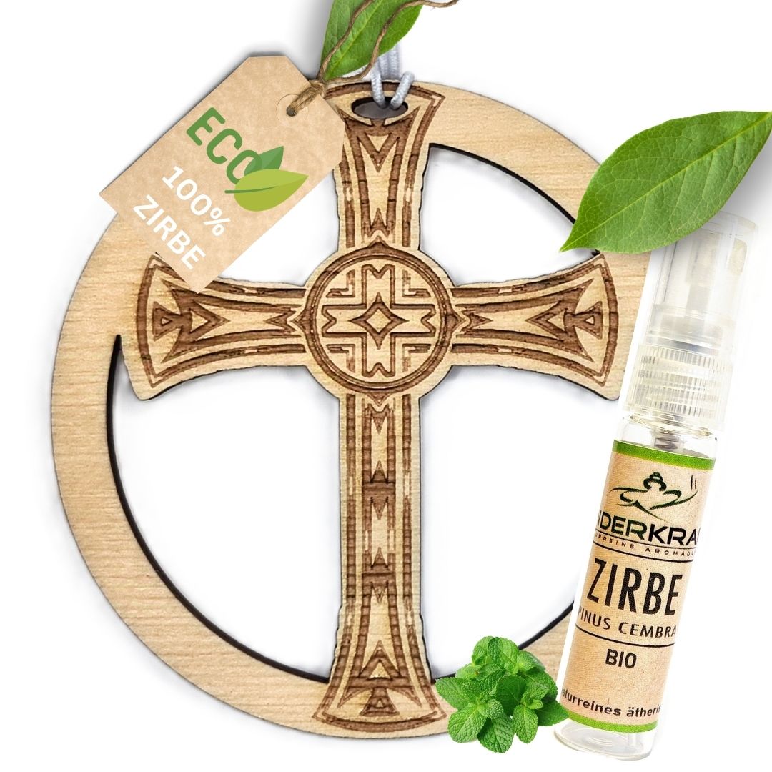Zirben Duftbaum "KREUZ", Lufterfrischer inkl. 5ml Bio Zirbenölspray - Wunderkraft.bio von Wunderlampe.bio