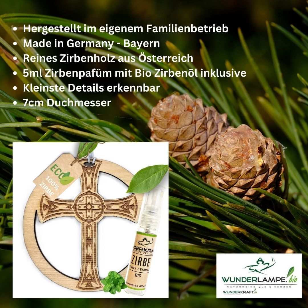 Zirben Duftbaum "KREUZ", Lufterfrischer inkl. 5ml Bio Zirbenölspray - Wunderkraft.bio von Wunderlampe.bio