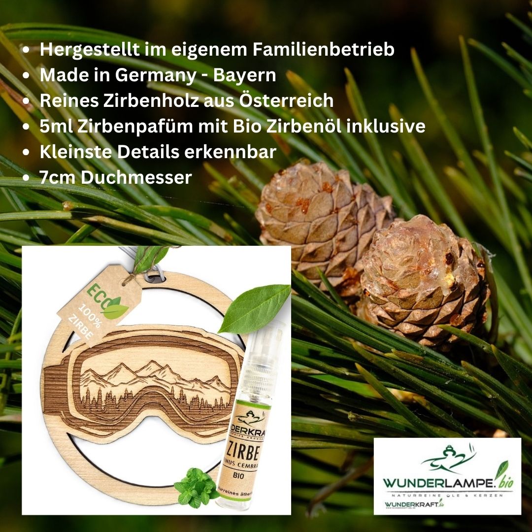 Zirben Duftbaum "SKIBRILLE", Lufterfrischer inkl. 5ml Bio Zirbenölspray - Wunderkraft.bio von Wunderlampe.bio