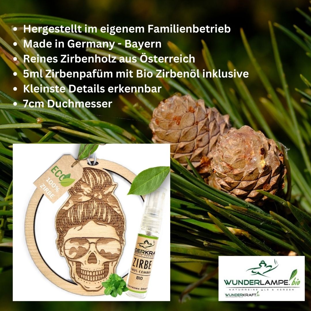 Zirben Duftbaum "SKULL", Lufterfrischer inkl. 5ml Bio Zirbenölspray - Wunderkraft.bio von Wunderlampe.bio