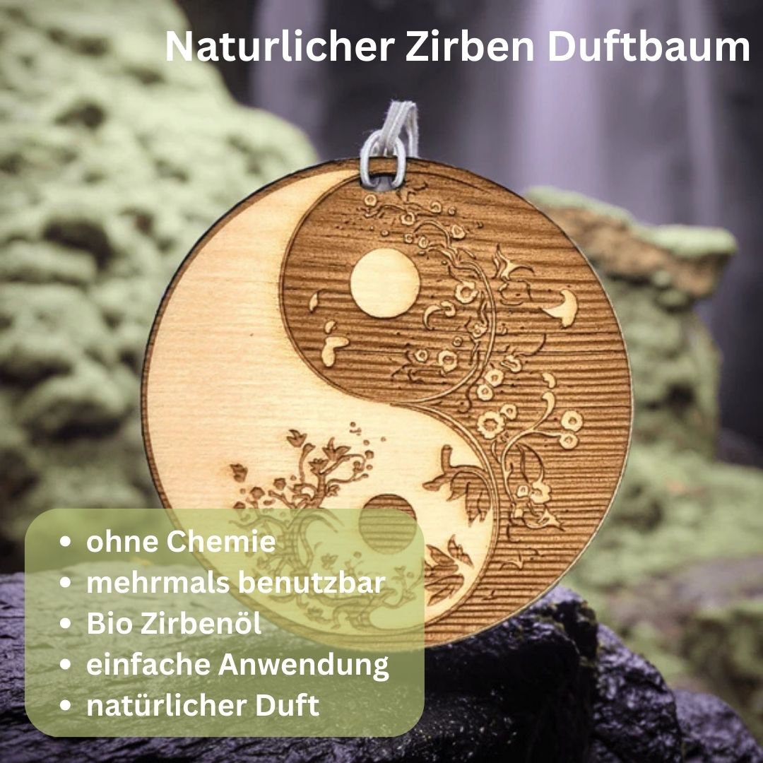 Zirben Duftbaum "YINYANG", Lufterfrischer inkl. 5ml Bio Zirbenölspray - Wunderkraft.bio von Wunderlampe.bio