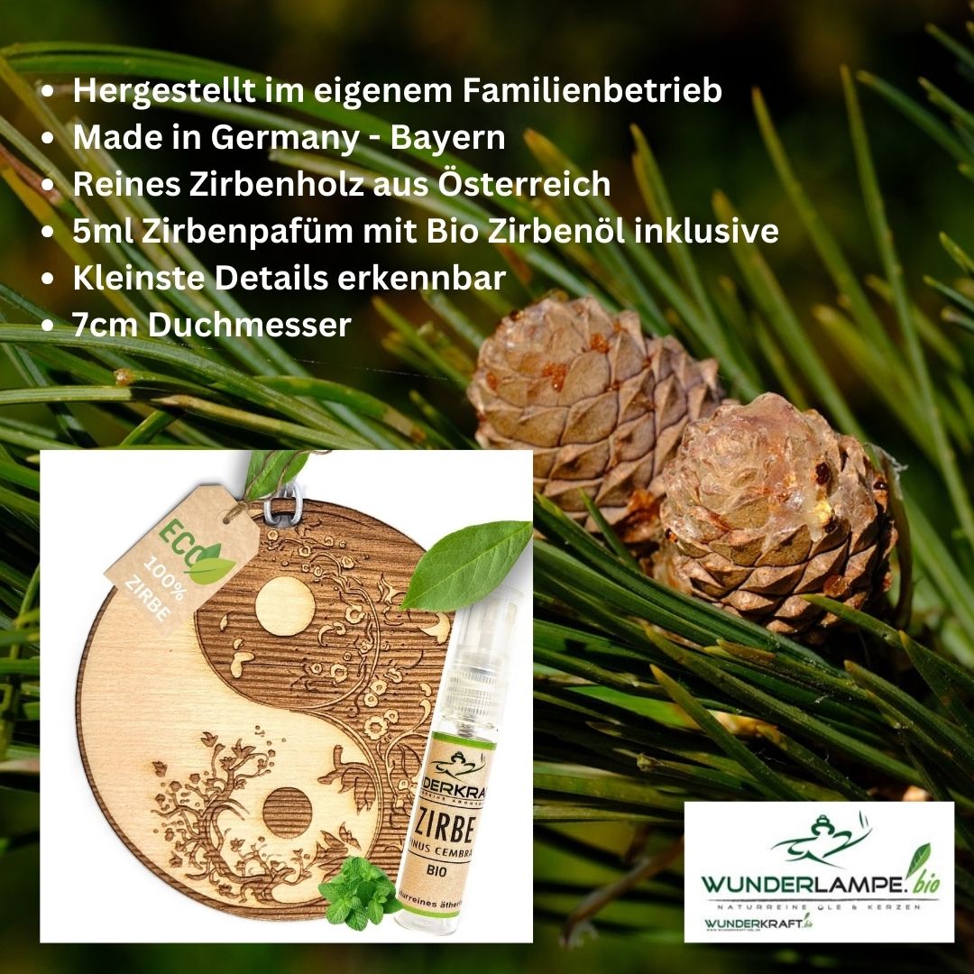 Zirben Duftbaum "YINYANG", Lufterfrischer inkl. 5ml Bio Zirbenölspray - Wunderkraft.bio von Wunderlampe.bio