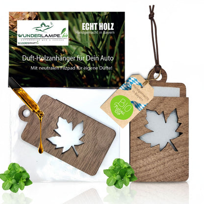 Holz Anhänger für ätherische Öle "AHORNBLATT", Duftbaum aus Nussbaumholz mit Filzpad fürs Auto