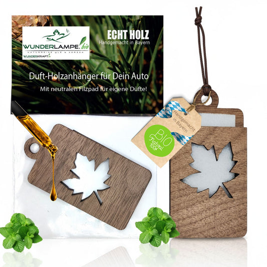 Holz Anhänger für ätherische Öle "AHORNBLATT", Duftbaum aus Nussbaumholz mit Filzpad fürs Auto