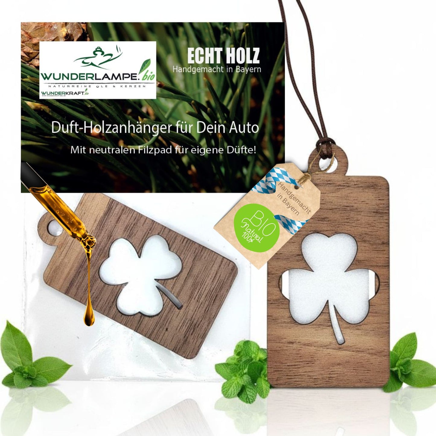 Holz Anhänger für ätherische Öle "KLEEBLATT", Duftbaum aus Nussbaumholz mit Filzpad fürs Auto