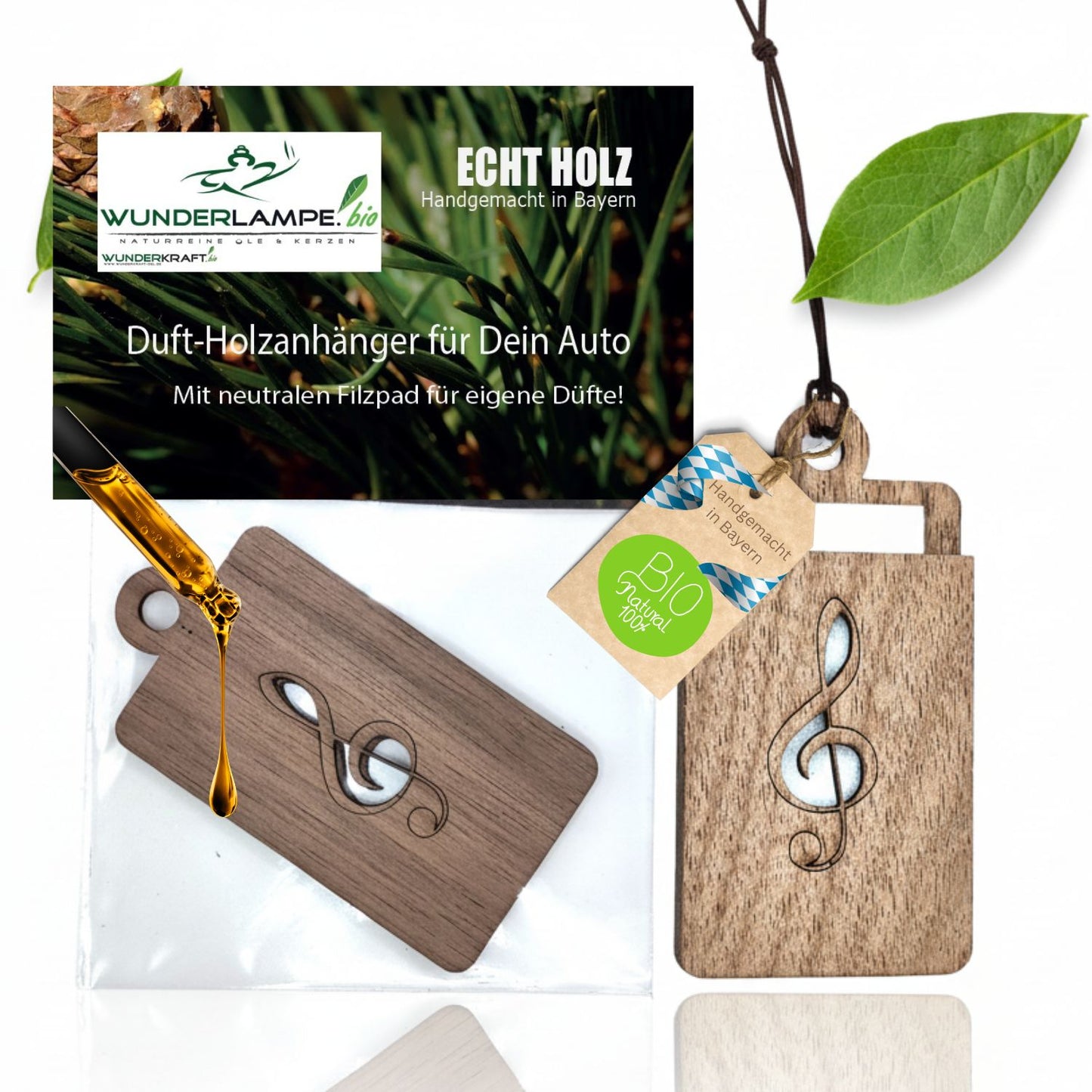 Holz Anhänger für ätherische Öle "NOTENSCHLÜßEL", Duftbaum aus Nussbaumholz mit Filzpad fürs Auto