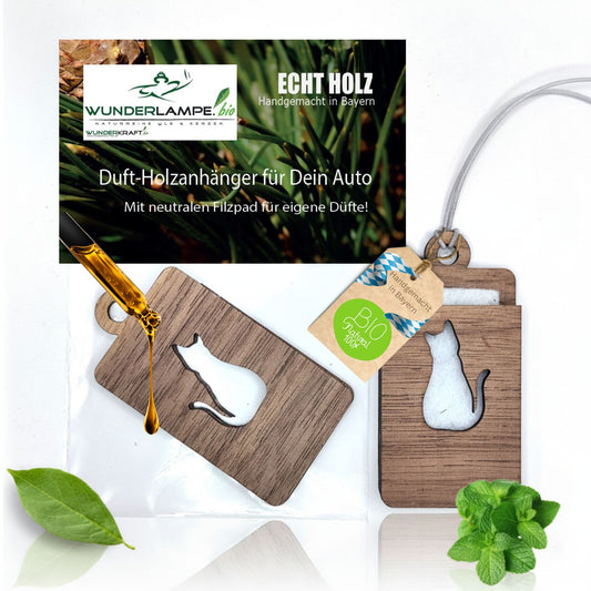 Holz Anhänger für ätherische Öle "KATZE", Duftbaum aus Nussbaumholz mit Filzpad fürs Auto