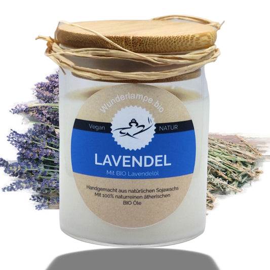 Natürliche Lavendel-Duftkerze im Glas mit Bambusdeckel. Reines Sojawachs mit 100% naturreinen BIO Lavendelöl