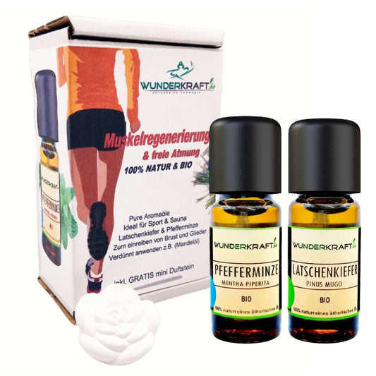 Muskelregenerierung und freie Atmung "Sportöle Set" Pfefferminzöl + Latschenkiefernöl + Duftstein