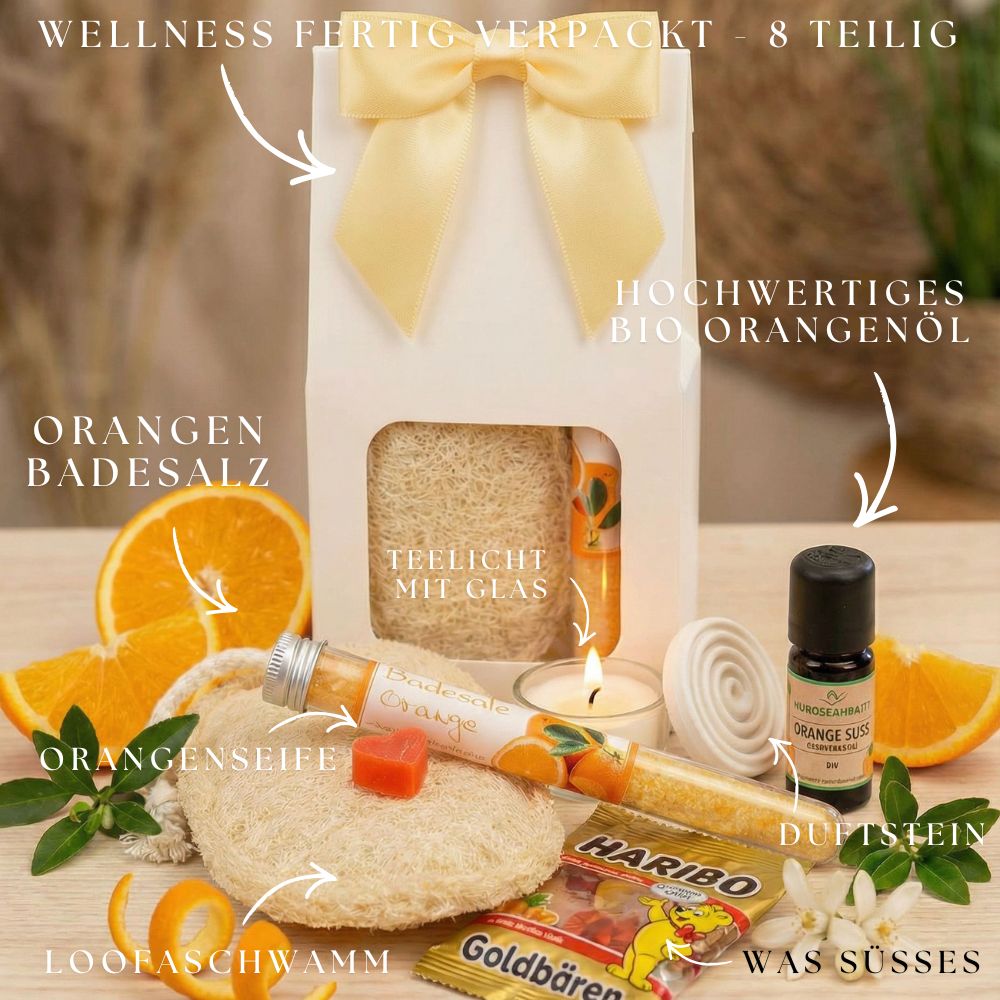 Orangen Wellness Geschenkset für Frauen – Orangen Spa Set mit Badesalz, Seife, Bio Orangenöl, Duftstein, fertig verpacktes Geschenkset Frauen