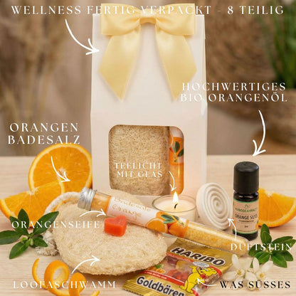 Orangen Wellness Geschenkset für Frauen – Orangen Spa Set mit Badesalz, Seife, Bio Orangenöl, Duftstein, fertig verpacktes Geschenkset Frauen