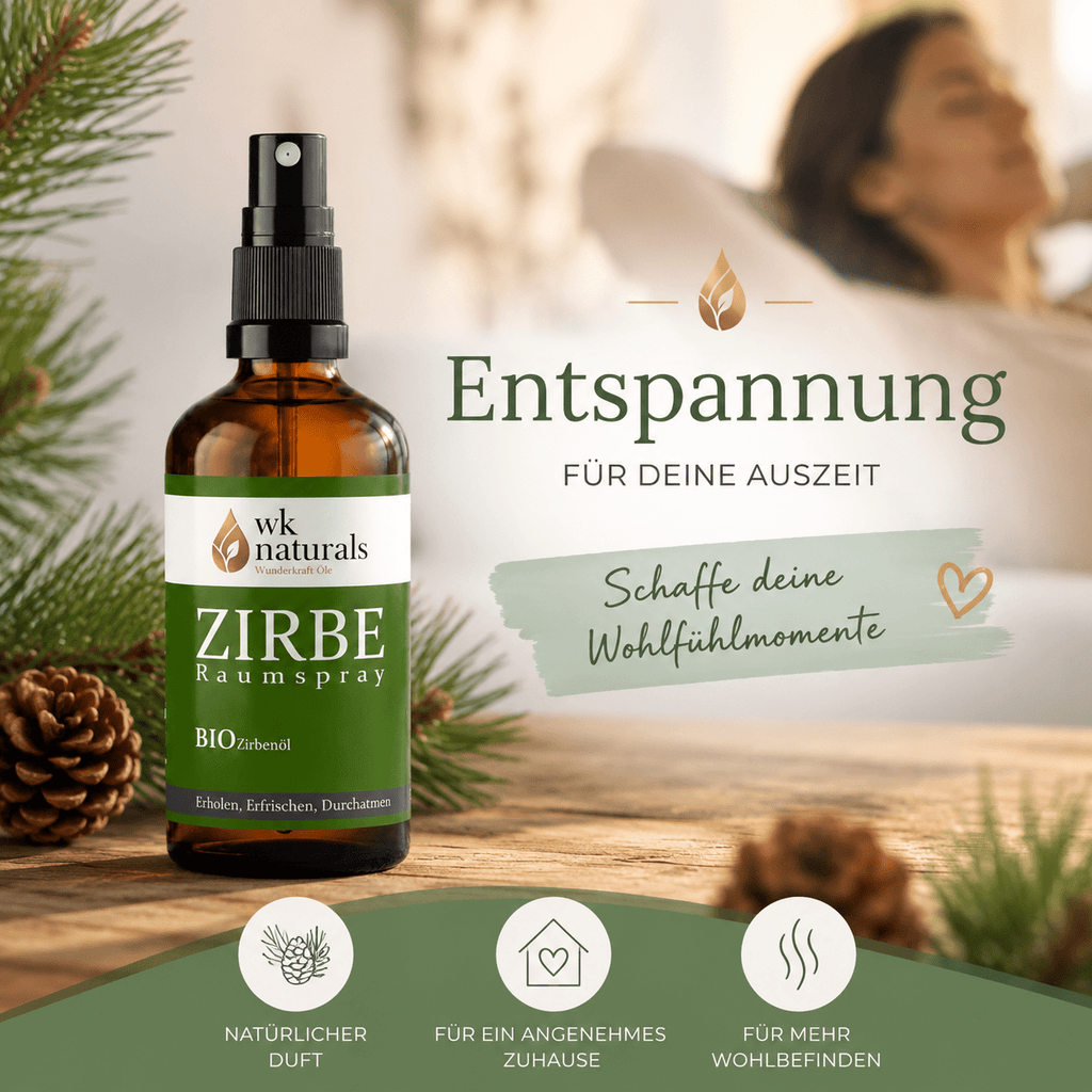 Alpenduft Bio Zirbenspray, 100ml Raumspray und Kissenspray für natürlichen frische Duft - Wunderkraft naturals