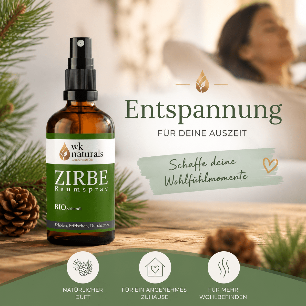 Alpenduft Bio Zirbenspray, 100ml Raumspray und Kissenspray für natürlichen frische Duft - Wunderkraft naturals