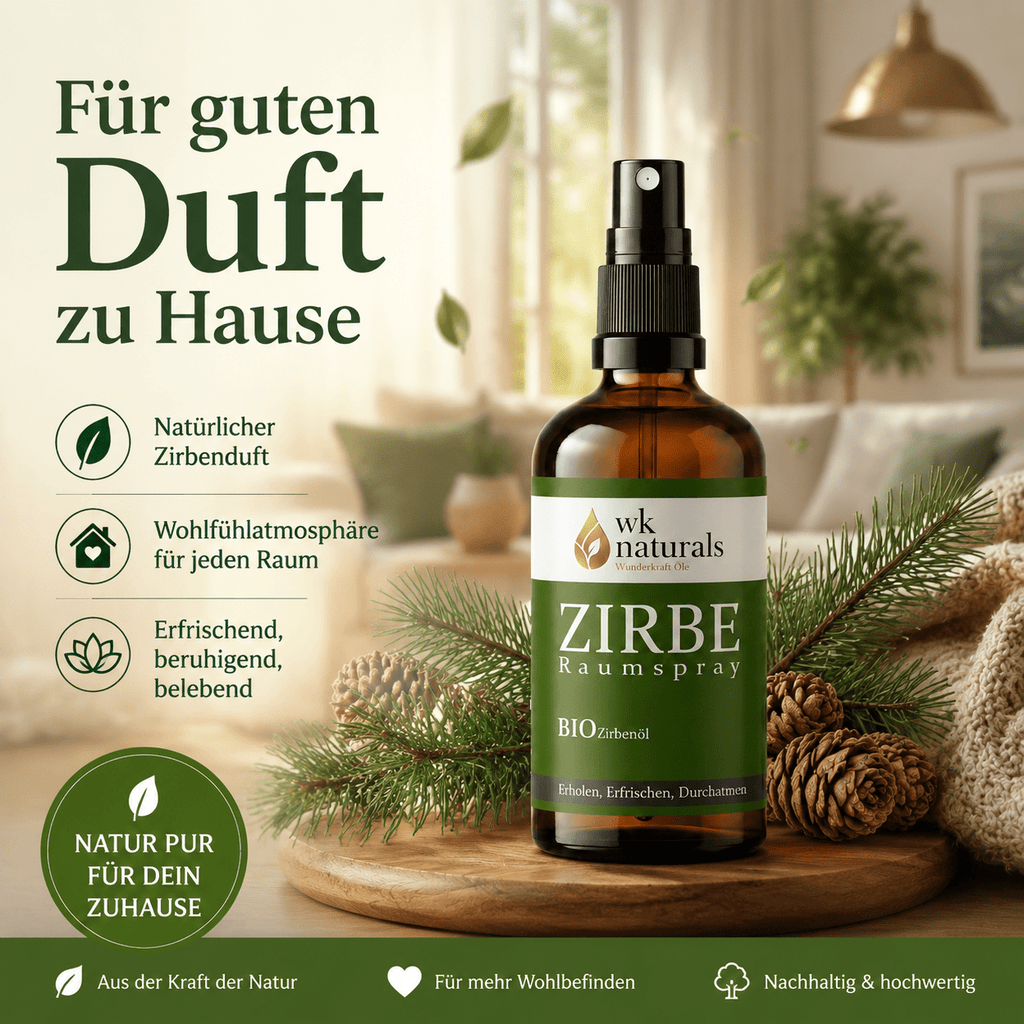 Alpenduft Bio Zirbenspray, 100ml Raumspray und Kissenspray für natürlichen frische Duft - Wunderkraft naturals