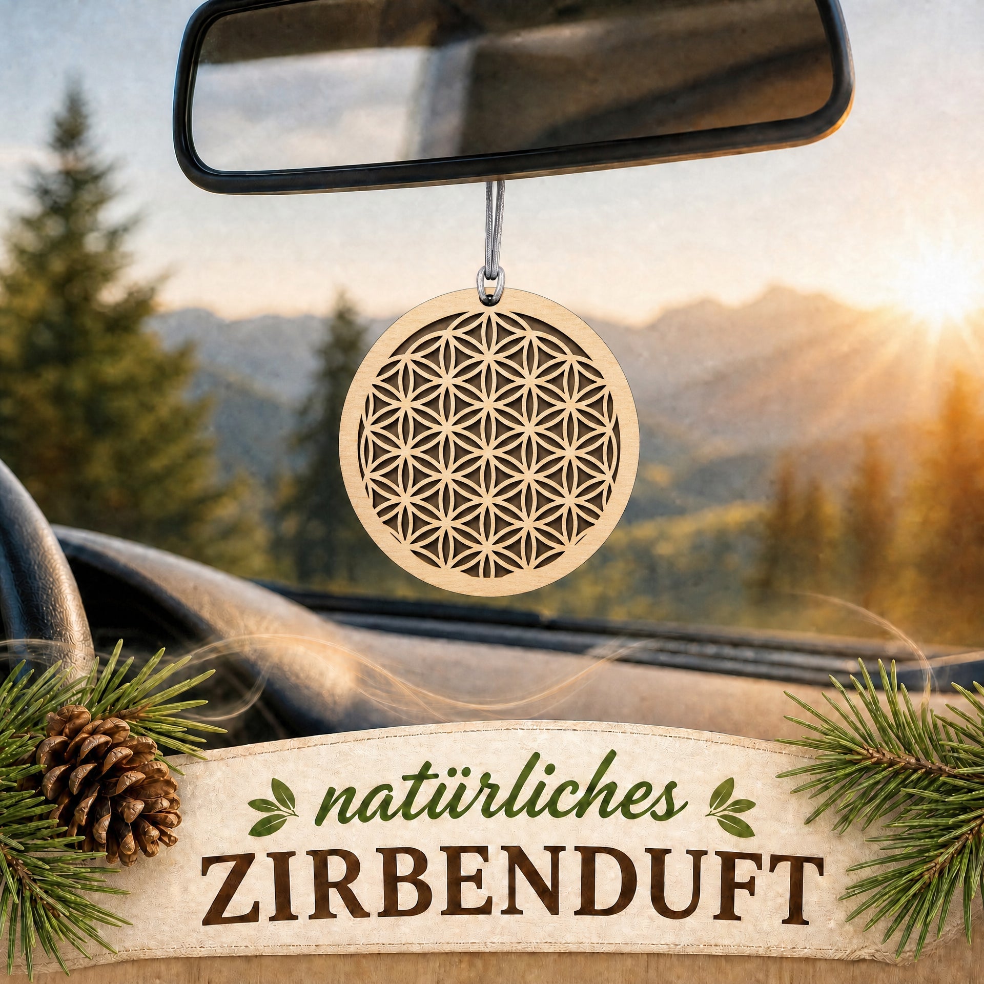 Alpenduft Zirben Duftbaum "Blume des Lebens", Lufterfrischer inkl. 5ml Bio Zirbenspray - Wk-naturals Wunderkraft Öle