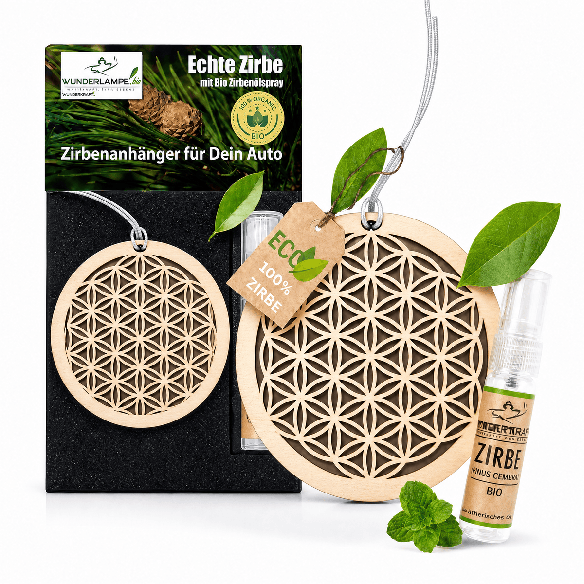 Alpenduft Zirben Duftbaum "Blume des Lebens", Lufterfrischer inkl. 5ml Bio Zirbenspray - Wk-naturals Wunderkraft Öle