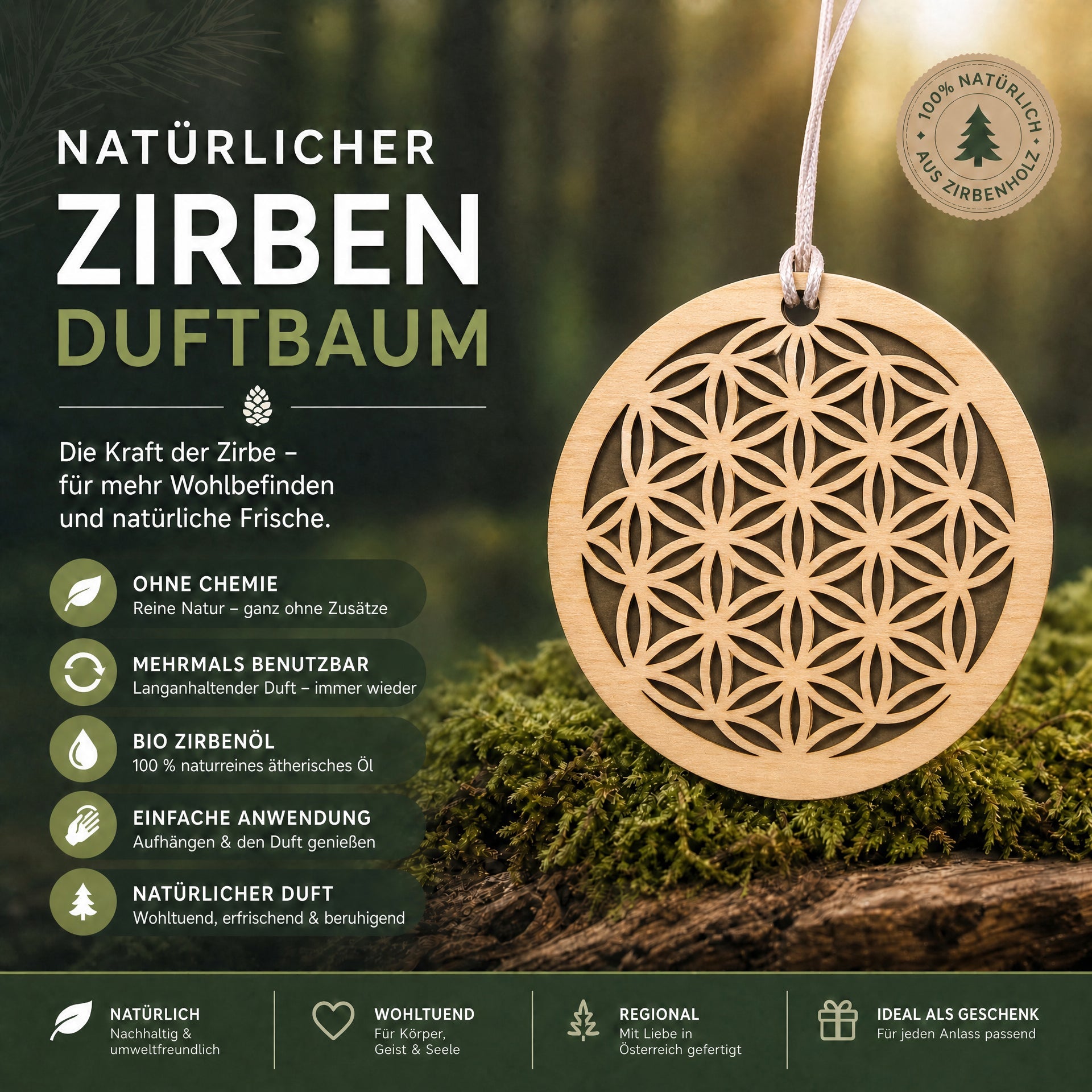 Alpenduft Zirben Duftbaum "Blume des Lebens", Lufterfrischer inkl. 5ml Bio Zirbenspray - Wk-naturals Wunderkraft Öle