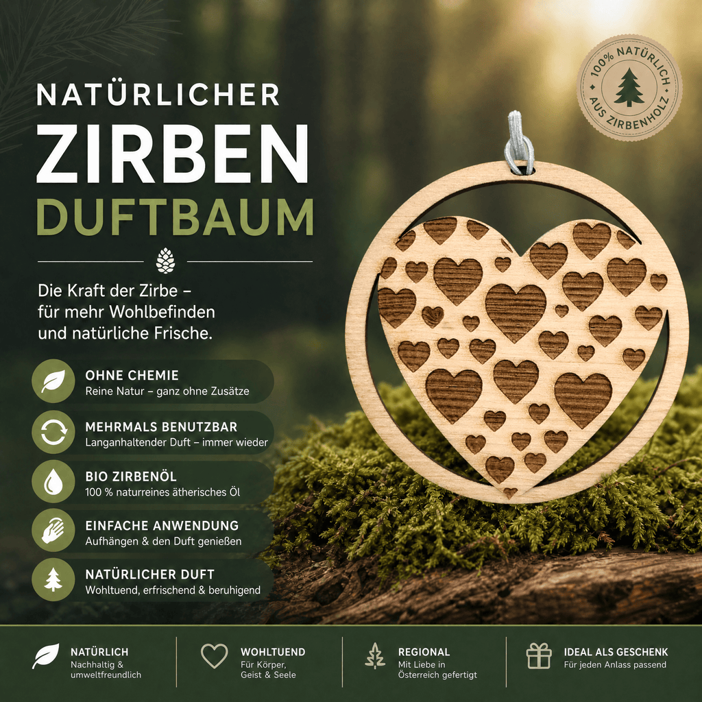 Alpenduft Zirben Duftbaum "HERZ", Lufterfrischer inkl. 5ml Bio Zirbenspray - Wunderkraft naturals